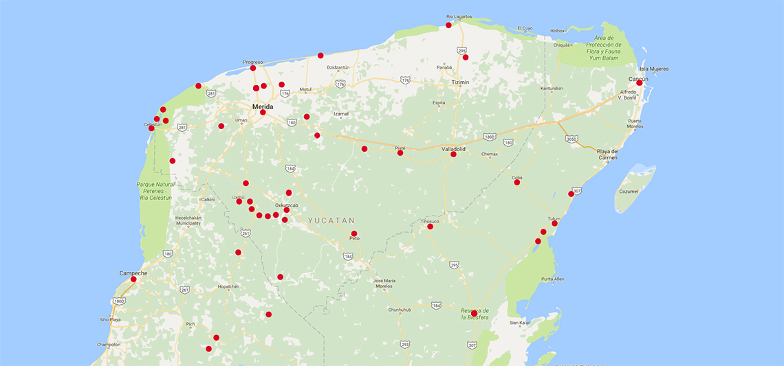 map of Yucatan with dots to highlight areas for image gallery