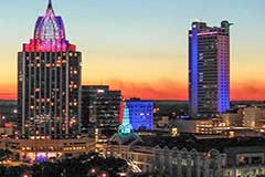Downtown Mobile at sunset.
