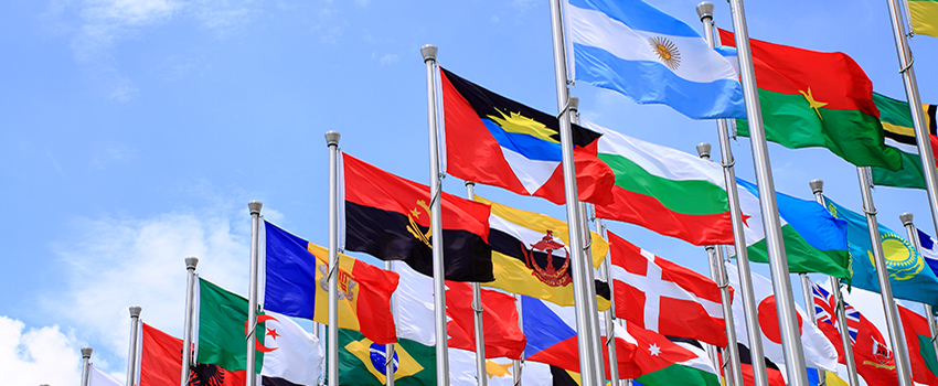 International flags in front of U N Building in Manhattan