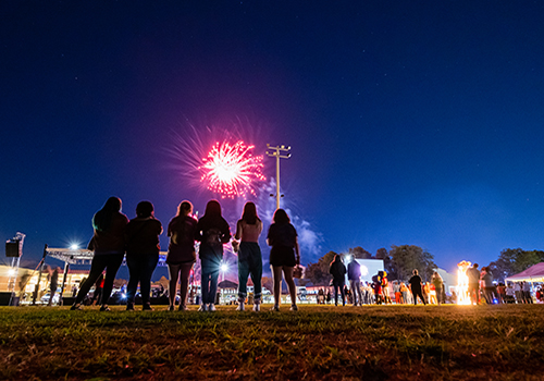 Alumni watching fireworks on football field.