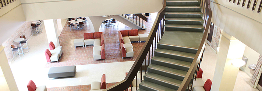 view of downstairs lounge and dining area in Student Center from upstairs