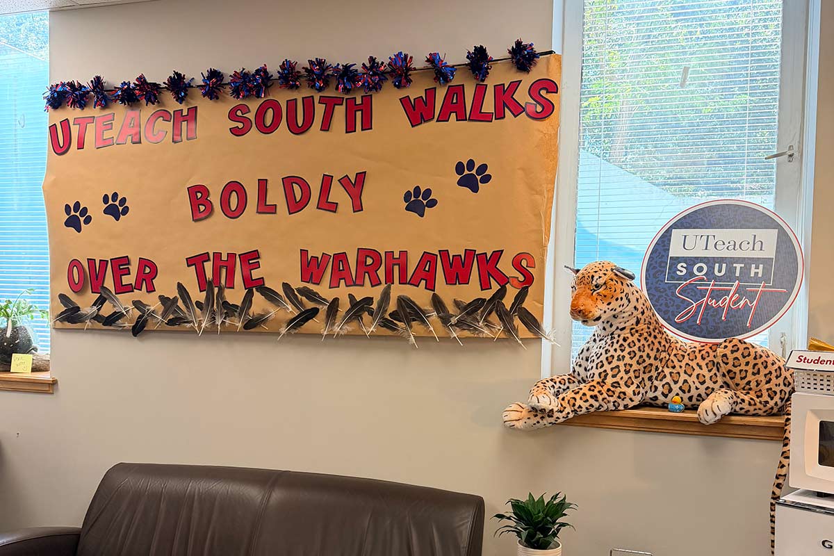 UTeach office decorated for homecoming with jaguar stuffed animal. UTeach office decorated for homecoming with jaguar stuffed animal.