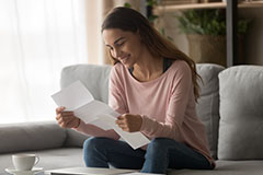 Woman looking at paper sitting on couch