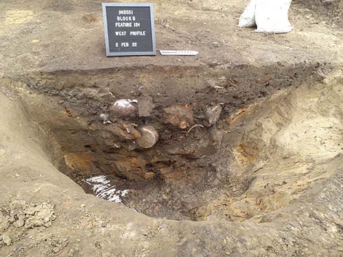 Feature 124 in profile halfway through the excavation of the trash pit. Note the dense trash deposit and the whole vessels visible in the soil.